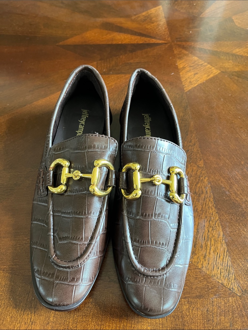 Jeffrey Campbell Brown Croc-Embossed Loafers with Gold Bit